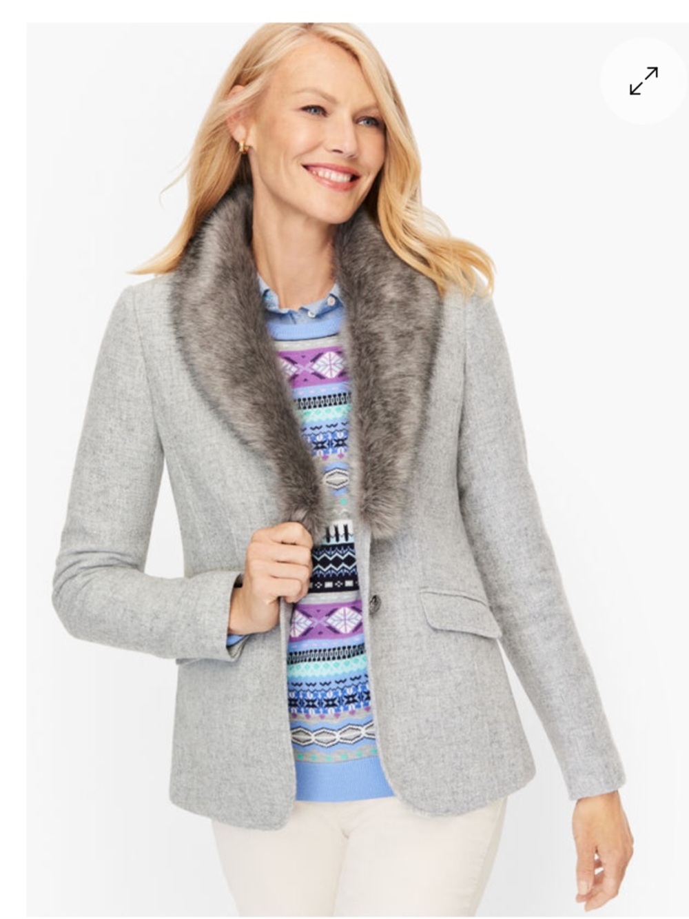 Talbots Women's Gray Shetland Faux Fur Trim Removable Wool Blend Lined Blazer